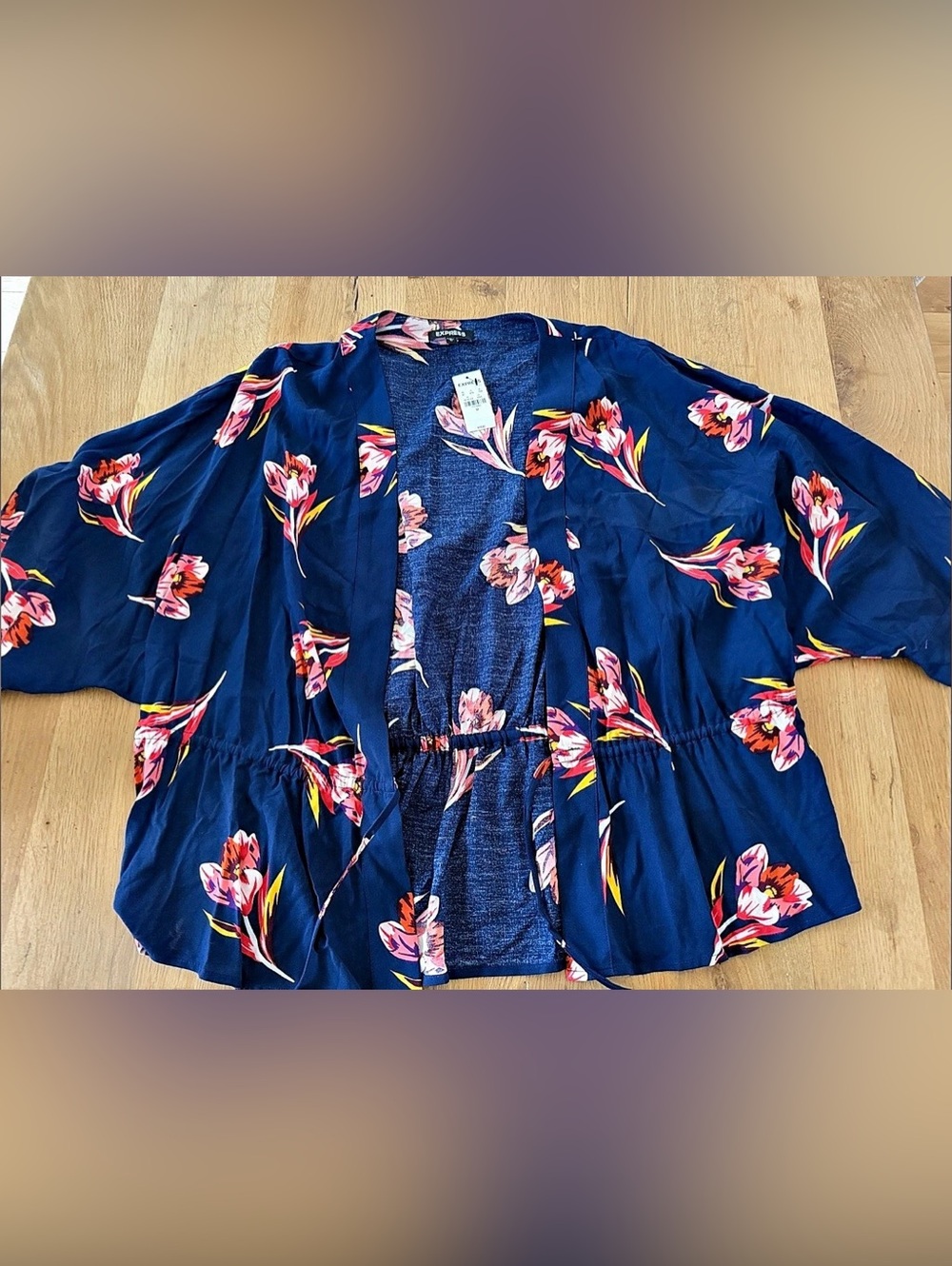 Express Floral Kimono-style open front Blouse with tie in front in Blue & Pink S